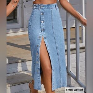 SHEIN Light Blue Denim Midi Skirt with Button Detail